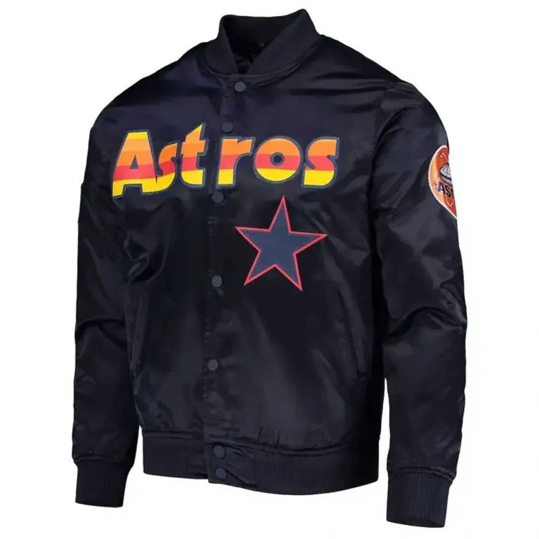 Houston Astros Wordmark Black Satin Full Snap Bomber Men's Jacket