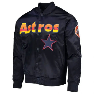 Houston Astros Wordmark Black Satin Full Snap Bomber Men's Jacket