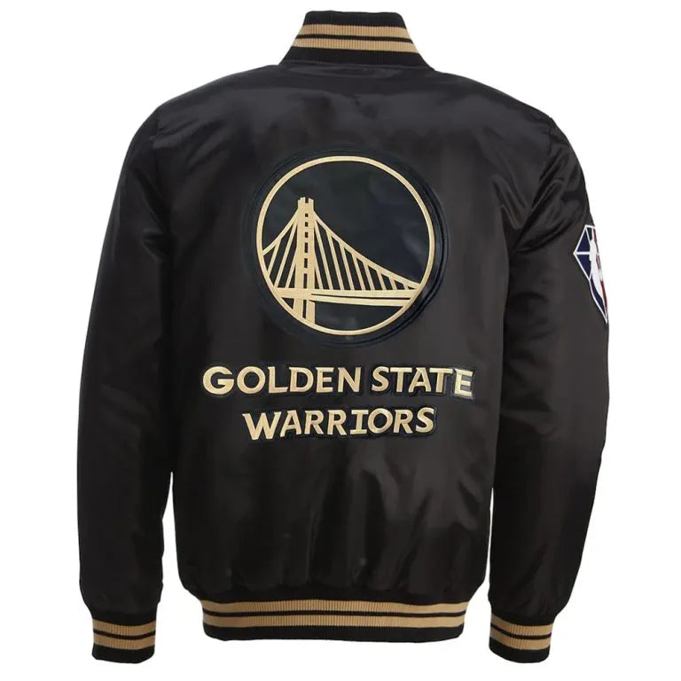 Golden State Warriors 75th Anniversary Full-Snap Varsity Black Satin Men's Bomber Jacket