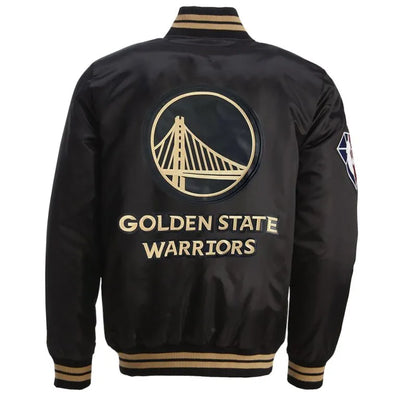 Golden State Warriors 75th Anniversary Full-Snap Varsity Black Satin Men's Bomber Jacket