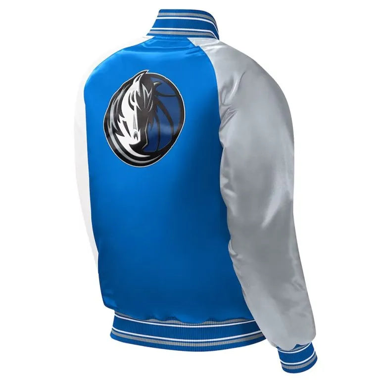 Dallas Mavericks Full-Snap Varsity Tri Color Satin Men's Bomber Jacket