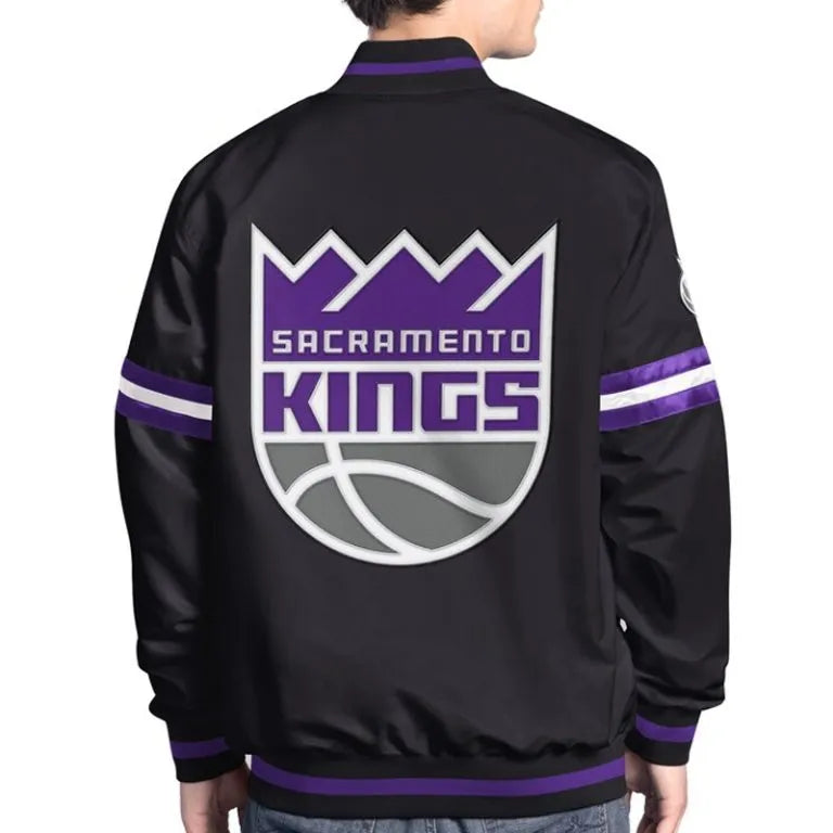 Sacramento Kings Scout Full-Snap Varsity Black Satin Men's Bomber Jacket