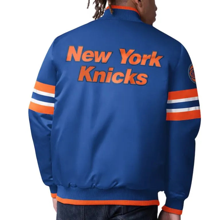 New York Knicks Scout I Full-Snap Varsity Blue Satin Men's Bomber Jacket
