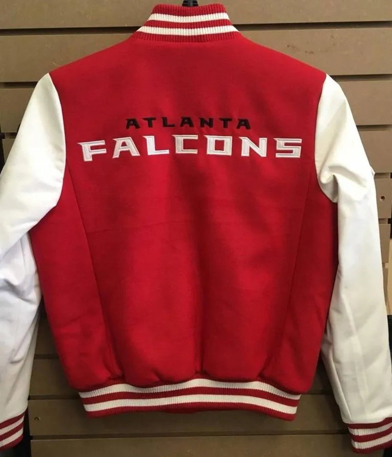 Atlanta Falcons Varsity Red Wool & White Genuine Leather Sleeves Men's Letterman Jacket