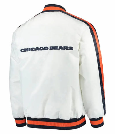 Chicago Bears Throwback D-Line Full-Snap Varsity White Satin Men's Bomber Jacket