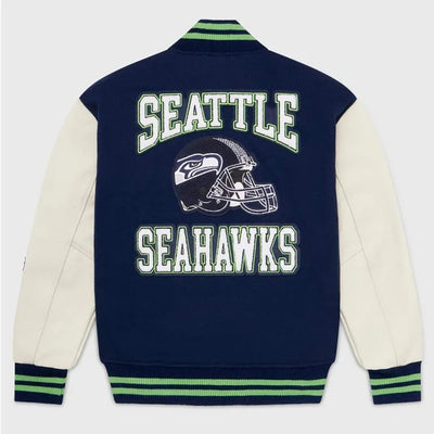 OVO Seattle Seahawks Navy Blue Wool & White Genuine Leather Sleeves Men's Varsity Letterman Jacket