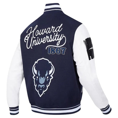 Howard Bison HBCU Navy Blue Wool & White Genuine Leather Sleeves Men's Letterman Varsity Jacket