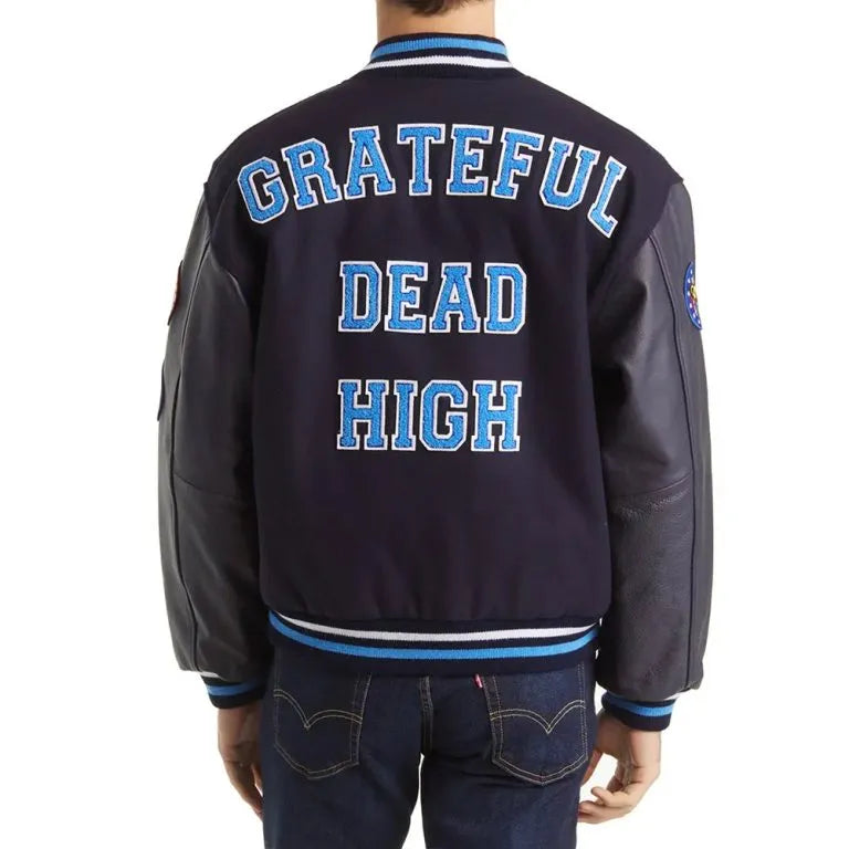 Grateful Dead High Navy Blue Wool & Genuine Leather Sleeves Men's Letterman Varsity Jacket
