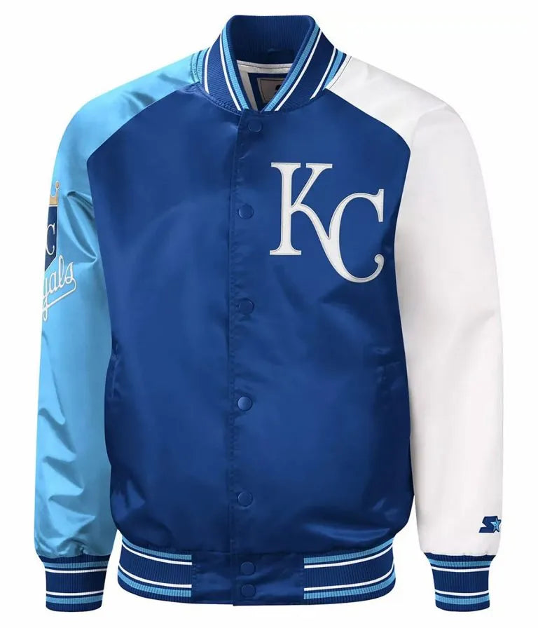 Kansas City Royals Reliever Raglan Full-Snap Varsity Royal/Light Blue Satin Men's Jacket