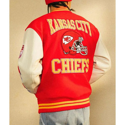 OVO Kansas City Chiefs Red Wool and White Genuine Leather Sleeves Men's Varsity Letterman Jacket