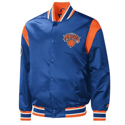 New York Knick Force Play Full-Snap Varsity Blue Satin Men's Bomber Jacket