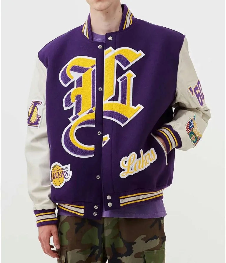 Los Angeles Lakers Varsity Purple Wool & White Genuine Leather Sleeves Men's Bomber Jacket