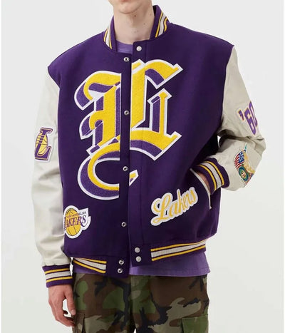Los Angeles Lakers Varsity Purple Wool & White Genuine Leather Sleeves Men's Bomber Jacket