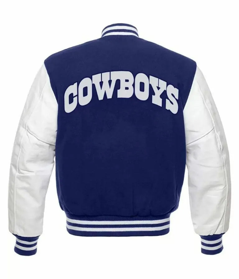 Dallas Cowboys Royal Blue Wool & White Genuine Leather Sleeves Men's Varsity Jacket