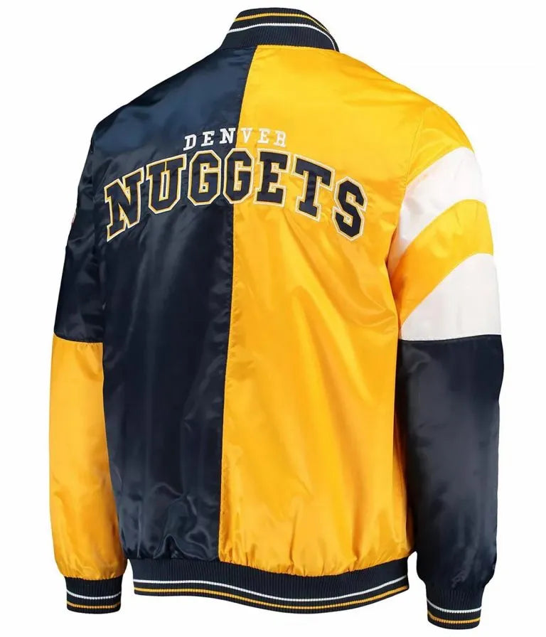 Denver Nuggets Color Block Full-Snap Varsity Navy Blue and Yellow Satin Men's Bomber Jacket