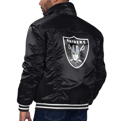 Los Angeles Raiders Silver Tab Trucker Full-Snap Varsity Black Satin Men's Bomber Jacket