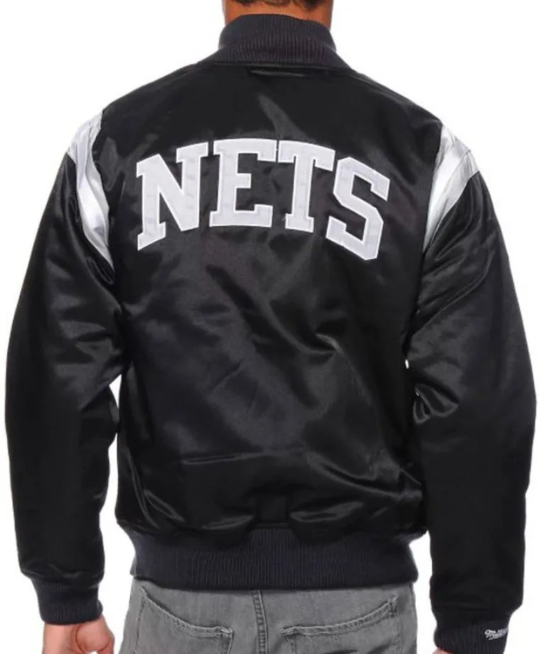 Brooklyn Nets Full-Snap Varsity Black Satin Men's Bomber Jacket