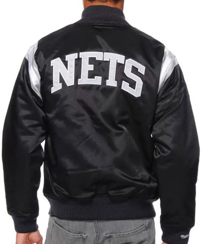 Brooklyn Nets Full-Snap Varsity Black Satin Men's Bomber Jacket