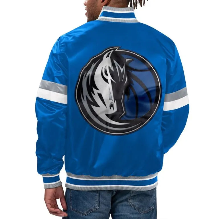 Dallas Mavericks Home Game Full-Snap Varsity Blue Satin Men's Bomber Jacket