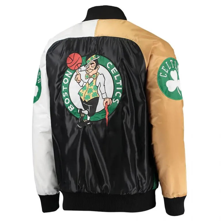 Boston Celtics Remix Full-Snap Varsity Multicolor Green/Gold/White/Black Satin Men's Bomber Jacket