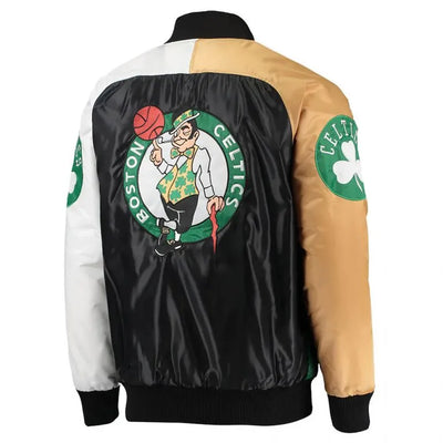 Boston Celtics Remix Full-Snap Varsity Multicolor Green/Gold/White/Black Satin Men's Bomber Jacket