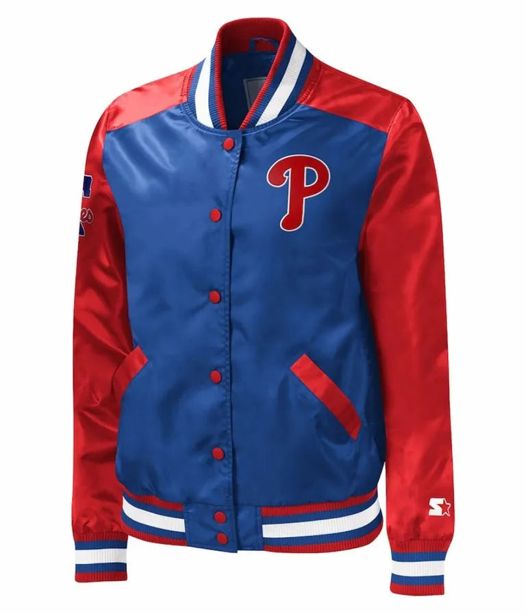 Philadelphia Phillies Full-Snap Royal Blue & Red Satin Men's Bomber Jacket