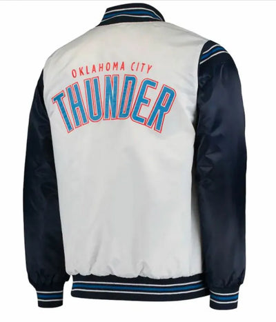 Oklahoma City Thunder Full-Snap Varsity White and Navy Blue Satin Men's Bomber Jacket
