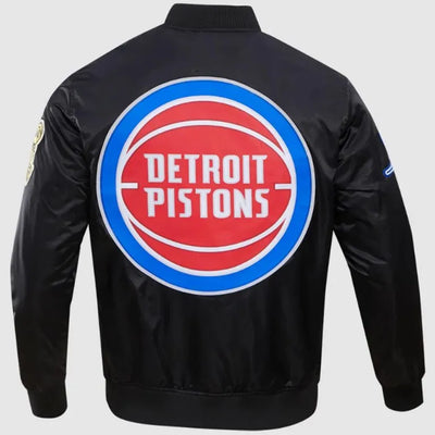 Detroit Pistons Big Logo Full-Snap Varsity Black Satin Men's Bomber Jacket