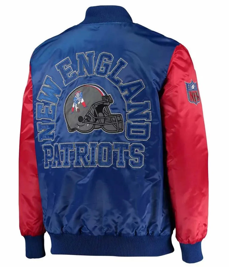 New England Patriots Locker Room Throwback Full-Snap Varsity Red and Royal Blue Satin Men's Bomber Jacket