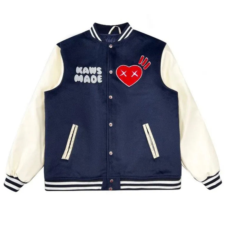 Human Made Kaws Black Wool & White Genuine Leather Sleeves Men's Letterman Varsity Jacket