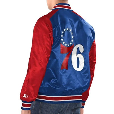 Philadelphia 76ers Renegade Full-Snap Varsity Royal/Red Satin Men's Bomber Jacket