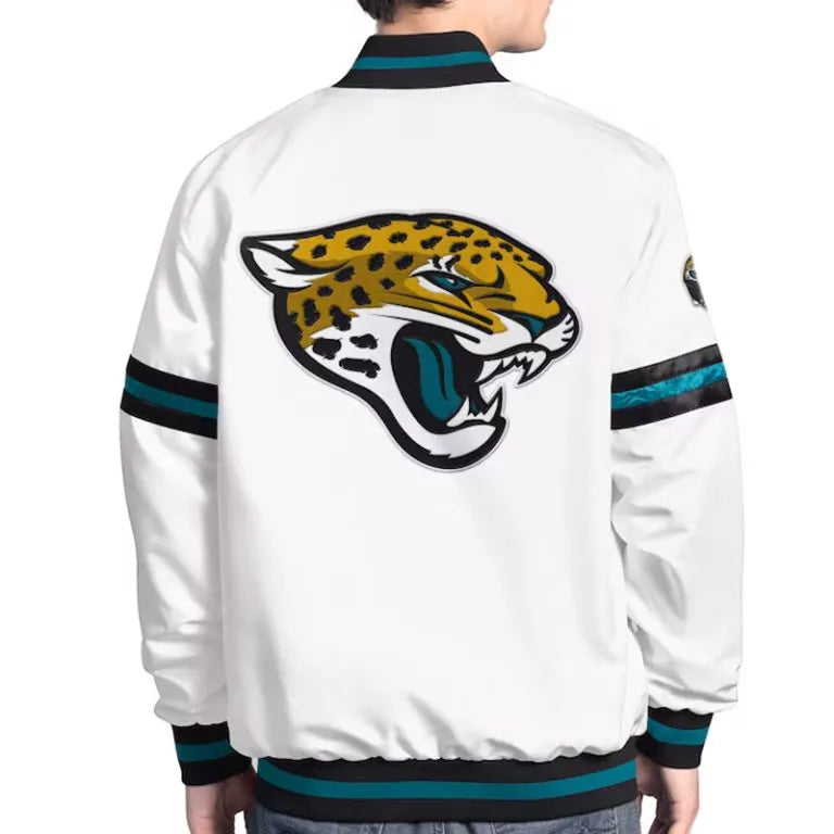Jacksonville Jaguars Scout Full-Snap Varsity White Satin Men's Bomber Jacket
