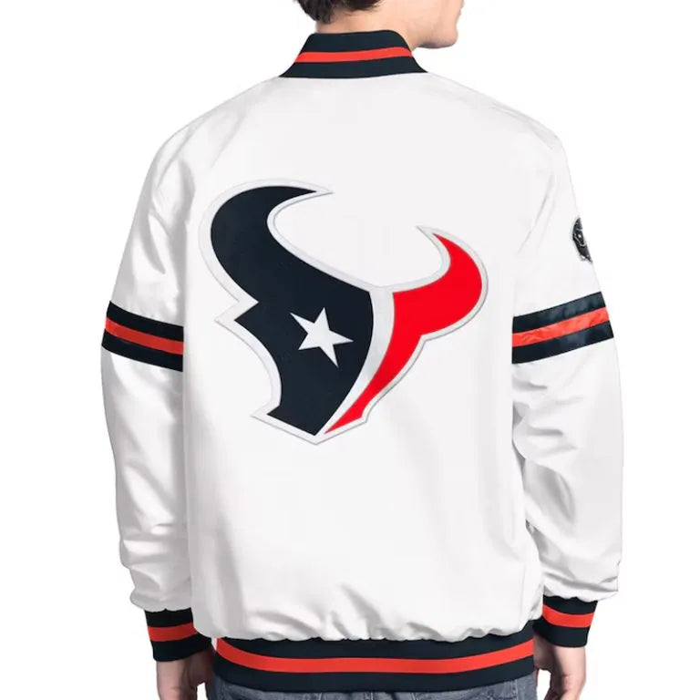 Houston Texan Scout Full-Snap Varsity White Satin Men's Bomber Jacket