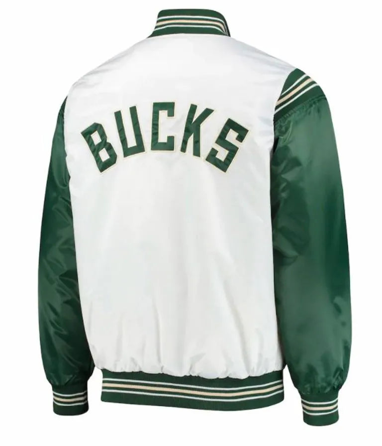 Milwaukee Bucks Full-Snap Varsity White and Green Satin Men's Bomber Jacket