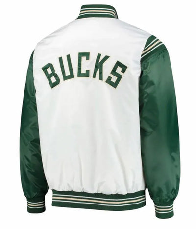 Milwaukee Bucks Full-Snap Varsity White and Green Satin Men's Bomber Jacket