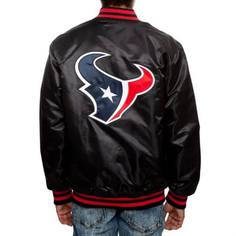 Houston Texan Full-Snap Varsity Black Satin Men's Bomber Jacket