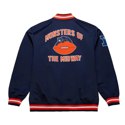 Chicago Bears Double Down Full-Snap Varsity Navy Blue Satin Men's Bomber Jacket