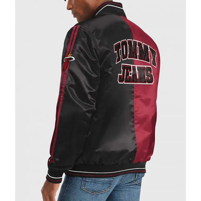 NBA Miami Heat Full-Snap Varsity Black and Red Satin Men's Bomber Jacket