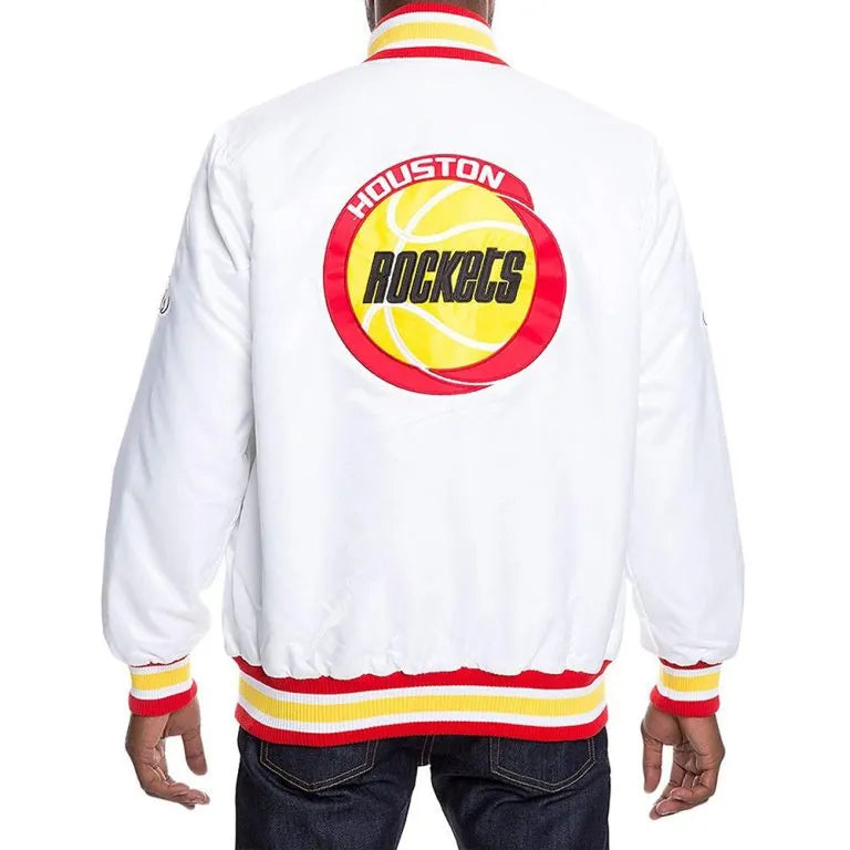 Houston Rockets Full-Snap Varsity White Satin Men's Bomber Jacket