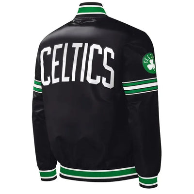 Boston Celtics Slider Full-Snap Varsity Black Satin Men's Bomber Jacket