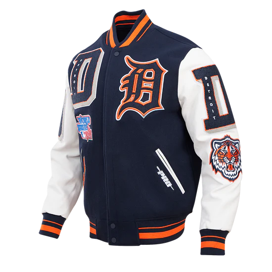 Detroit Tigers Navy Blue Wool & White Leather Sleeves Varsity Men's Jacket