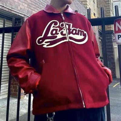 La Fam Full-Zip Red Wool & Genuine Leather Sleeves Men's Letterman Varsity Jacket
