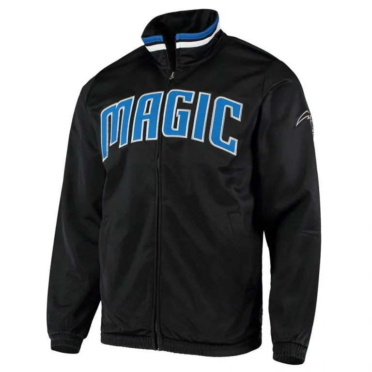 Orlando Magic Threat Tricot Track Full-Snap Varsity Black Satin Men's Bomber Jacket