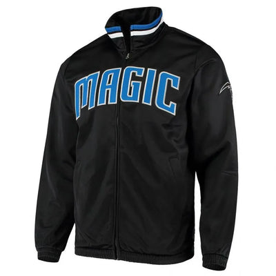 Orlando Magic Threat Tricot Track Full-Snap Varsity Black Satin Men's Bomber Jacket