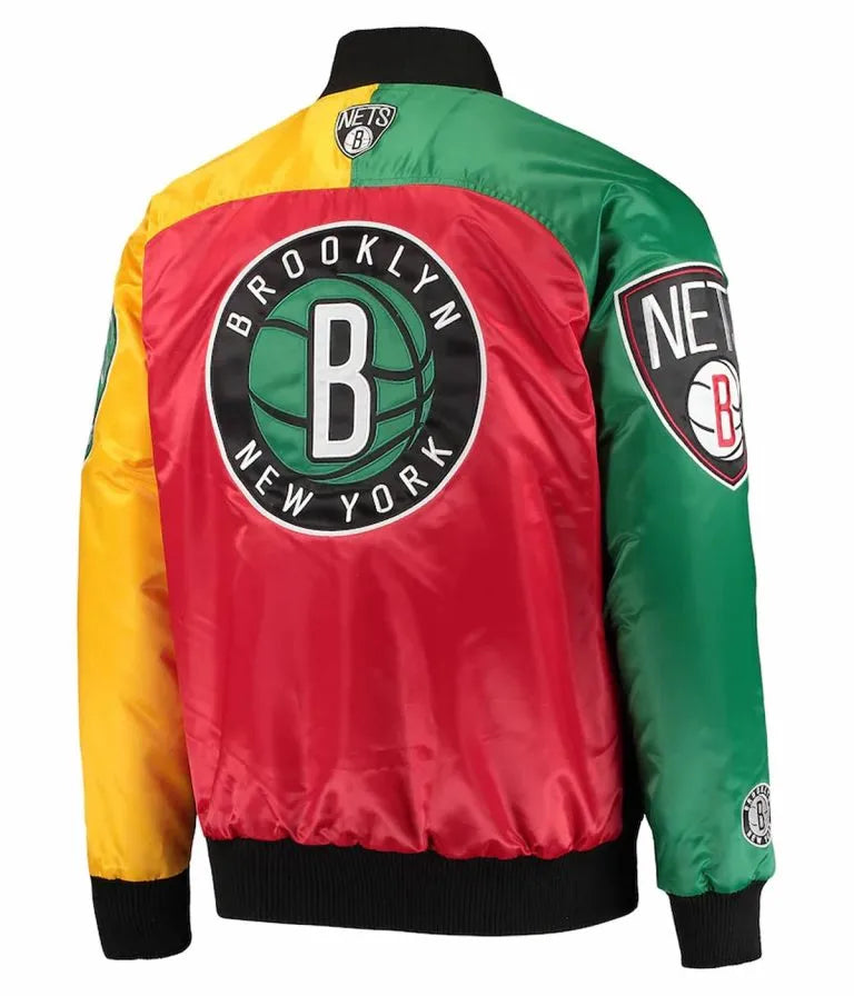 Brooklyn Nets Ty Mopkins Full-Snap Varsity Tri Color Satin Men's Bomber Jacket