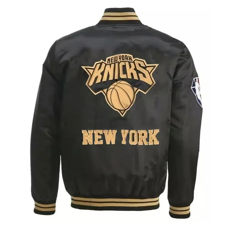 New York Knick 75th Anniversary Full-Snap Varsity Black/Gold Satin Men's Bomber Jacket