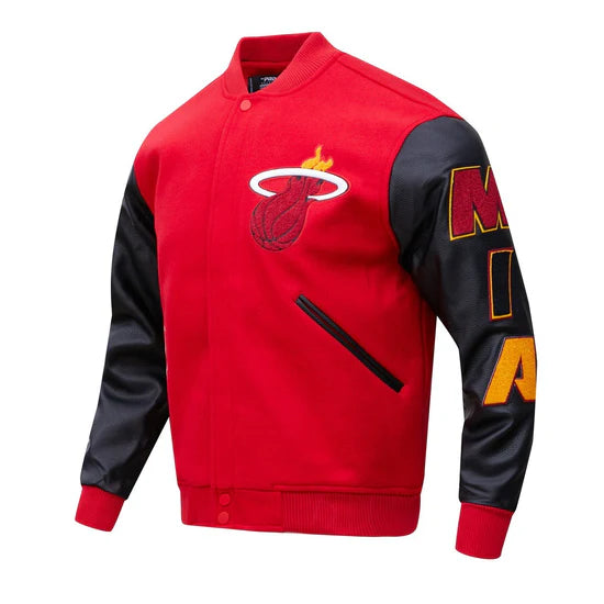 Miami Heat Mashup Logo Varsity Red Wool & Black Genuine Leather Sleeves Men's Jacket