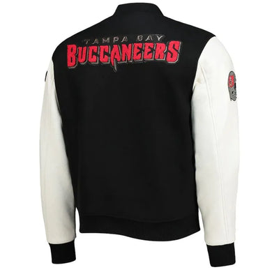 Tampa Bay Buccaneers Black Wool & White Genuine Leather Sleeves Men's Varsity Letterman Jacket