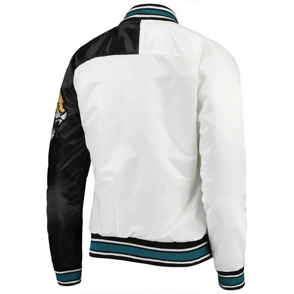 Jacksonville Jaguars Hometown Full-Snap Varsity Black and White Satin Men's Bomber Jacket