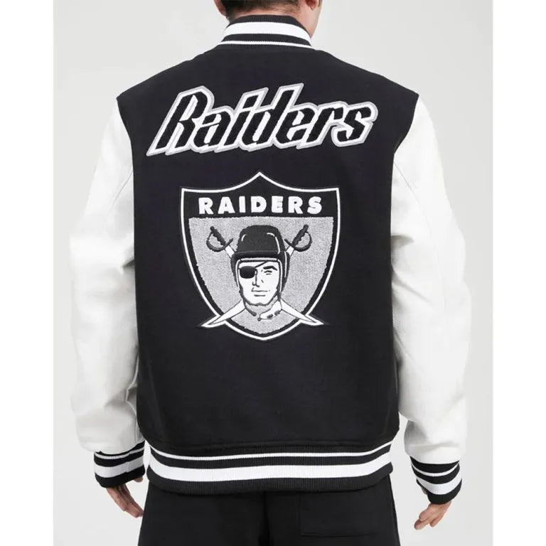 Los Vegas Raiders Pro Black Wool and White Genuine Leather Sleeves Men's Varsity Letterman Jacket